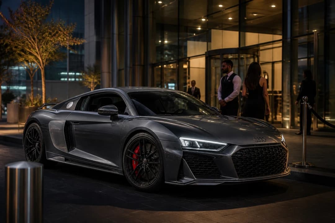 Audi R8 arriving at a DIFC event venue at blue hour for supercar rental Dubai evening plans