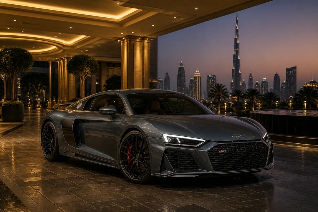 Audi R8 at a Downtown Dubai hotel porte-cochère at dusk for rent Audi R8 Dubai hotel arrivals