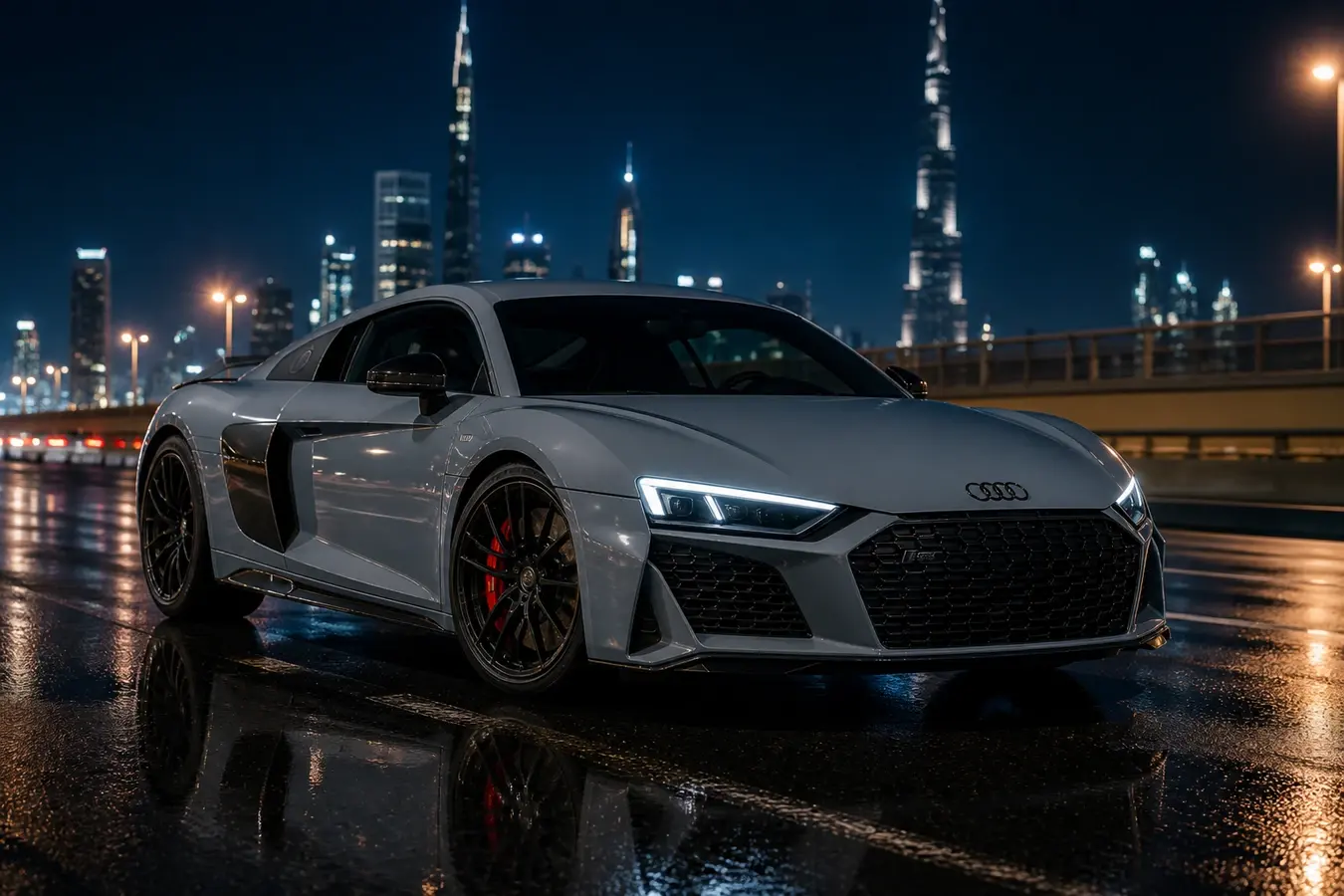 Audi R8 rental Dubai guide hero with a grey R8 V10 coupe on Sheikh Zayed Road at night