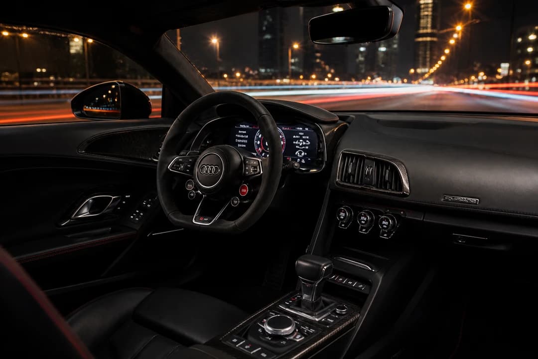 Audi R8 virtual cockpit glowing at night for Audi R8 rental Dubai guide evening drives