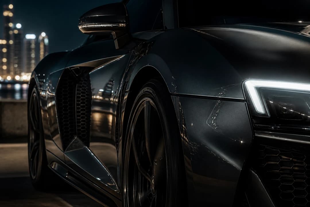 Audi R8 sideblade and LED headlight detail for Audi car rental Dubai walking-speed identity