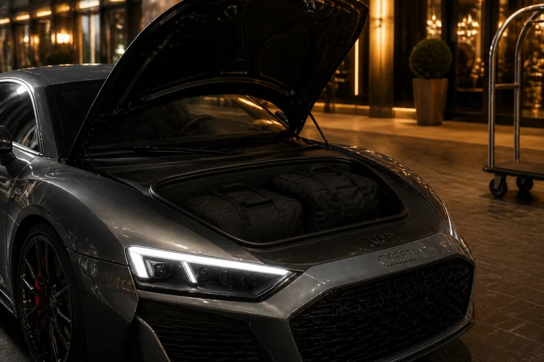 Audi R8 front boot with two soft duffels at a Downtown hotel kerb for Audi R8 rental price Dubai trip packing