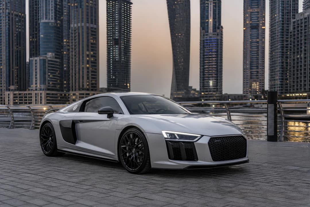 Audi R8 exterior at Dubai Marina for luxury car comparison Dubai supercar rental Dubai
