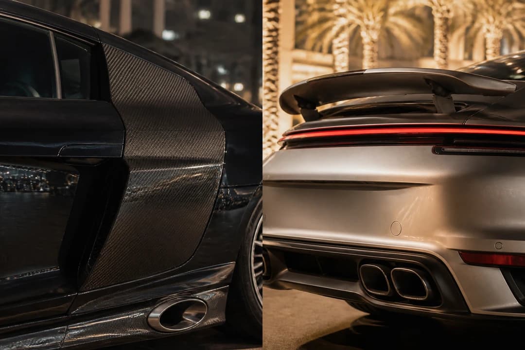 Audi R8 side blade and Porsche 911 rear spoiler detail for luxury car hire Dubai comparison