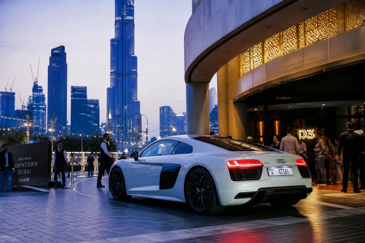 Audi R8 coupe at a Downtown Dubai venue at dusk for exotic car rental Dubai weekend evenings