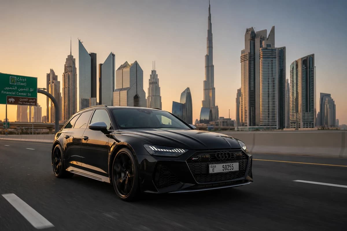 Rent Audi Dubai: Audi RS6 Avant on Sheikh Zayed Road at golden hour for Audi hire Dubai weekend pace