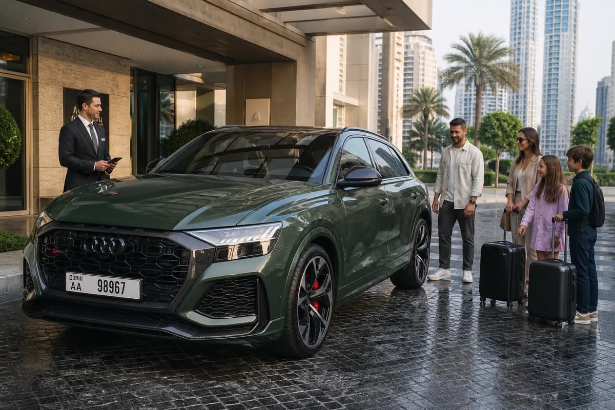 Audi RSQ8 with soft luggage at a Dubai Marina hotel driveway for Audi rental Dubai guide family days