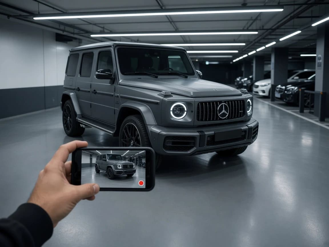 Fleet sourcing in Dubai with a staff member recording a walk-around video of a matte grey Mercedes-Benz G63 in an underground fleet garage