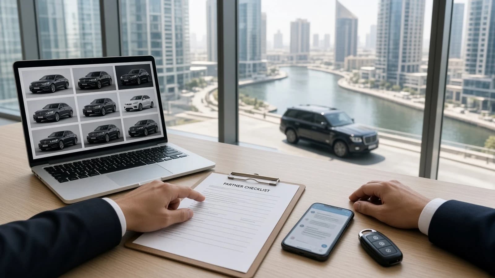 B2B luxury car rental Dubai guide hero with a partner checklist, laptop fleet grid, and key fob in a Business Bay office above the Dubai Canal