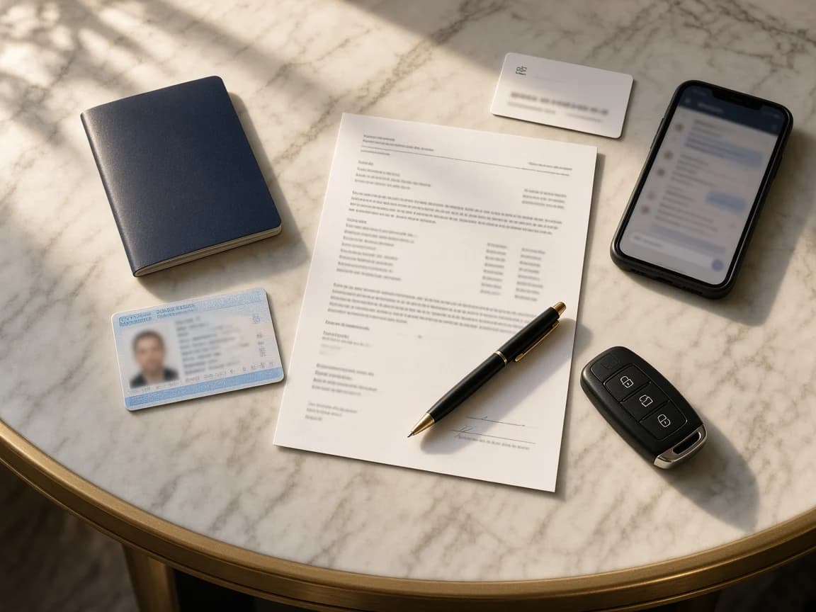Car rental broker Dubai client handover pack on a marble hotel valet podium with passport, driving licence, rental agreement, booking reference card, and car key