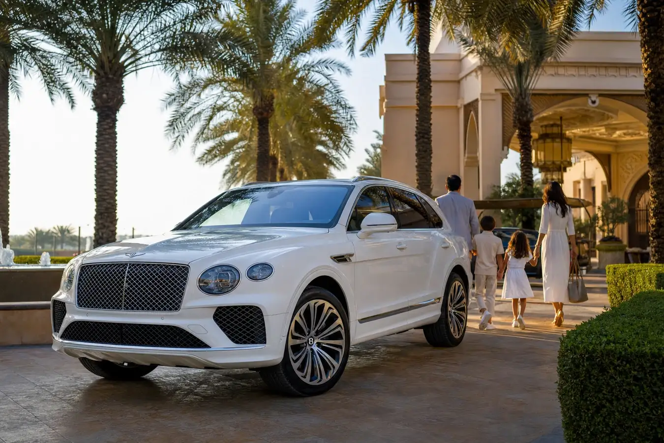 Bentley Bentayga rental Dubai guide hero at a Jumeirah resort forecourt with family arrival mood