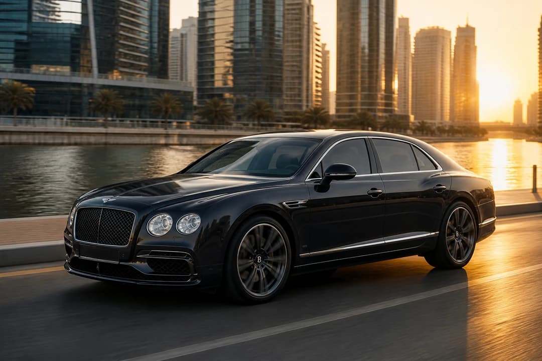 Rent Bentley Flying Spur Dubai: dark Flying Spur on a Business Bay canal road in late afternoon light