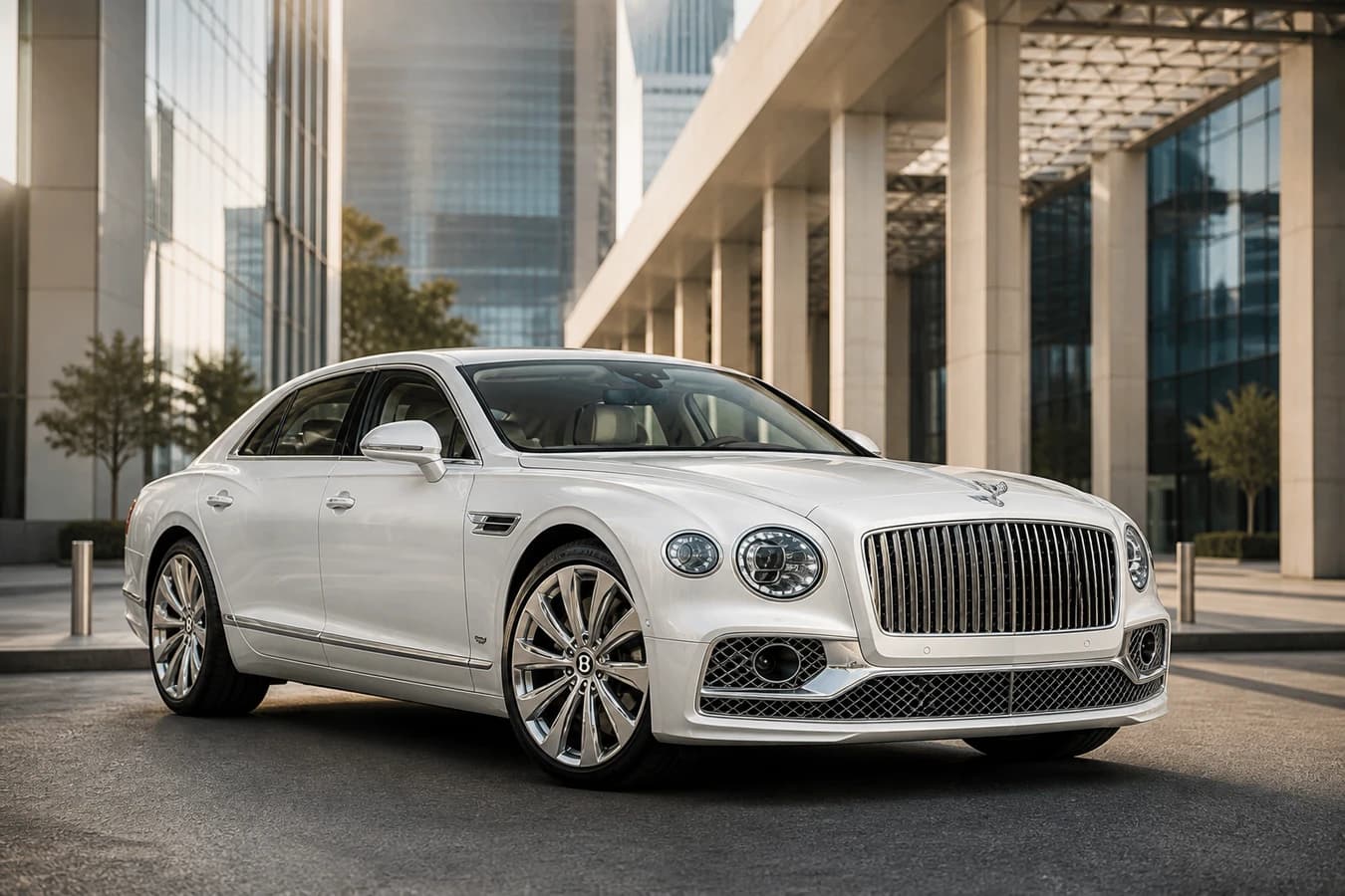 Bentley Flying Spur rental Dubai hero with a glacier white Flying Spur at DIFC Gate District in morning light