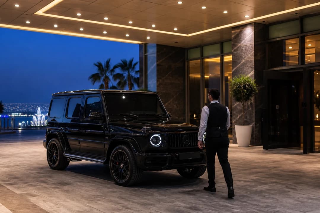 Mercedes-Benz G63 at a Dubai Festival City hotel porte-cochère at blue hour for luxury car rental Dubai