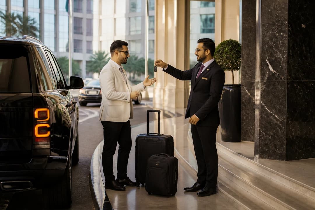 Dubai car delivery handover with keys beside a black Range Rover at a Festival City hotel driveway