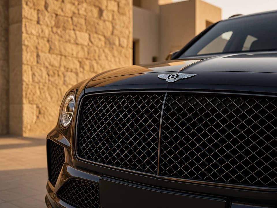 Mercedes-Benz G63 grille detail on a quiet Dubai Hills community street at dusk