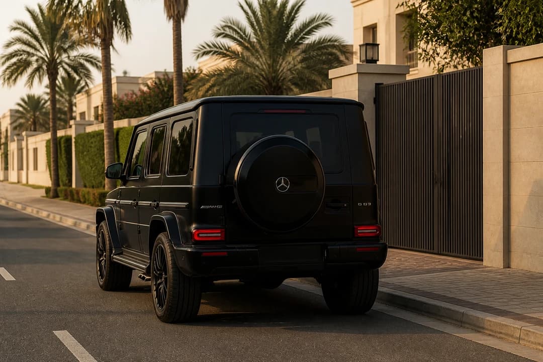 Mercedes-Benz G63 at a Jumeirah 2 villa gate for villa car delivery Dubai
