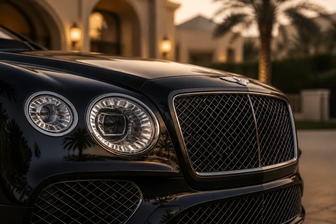 Bentley Bentayga grille detail against Jumeirah villa architecture for Jumeirah car rental guide