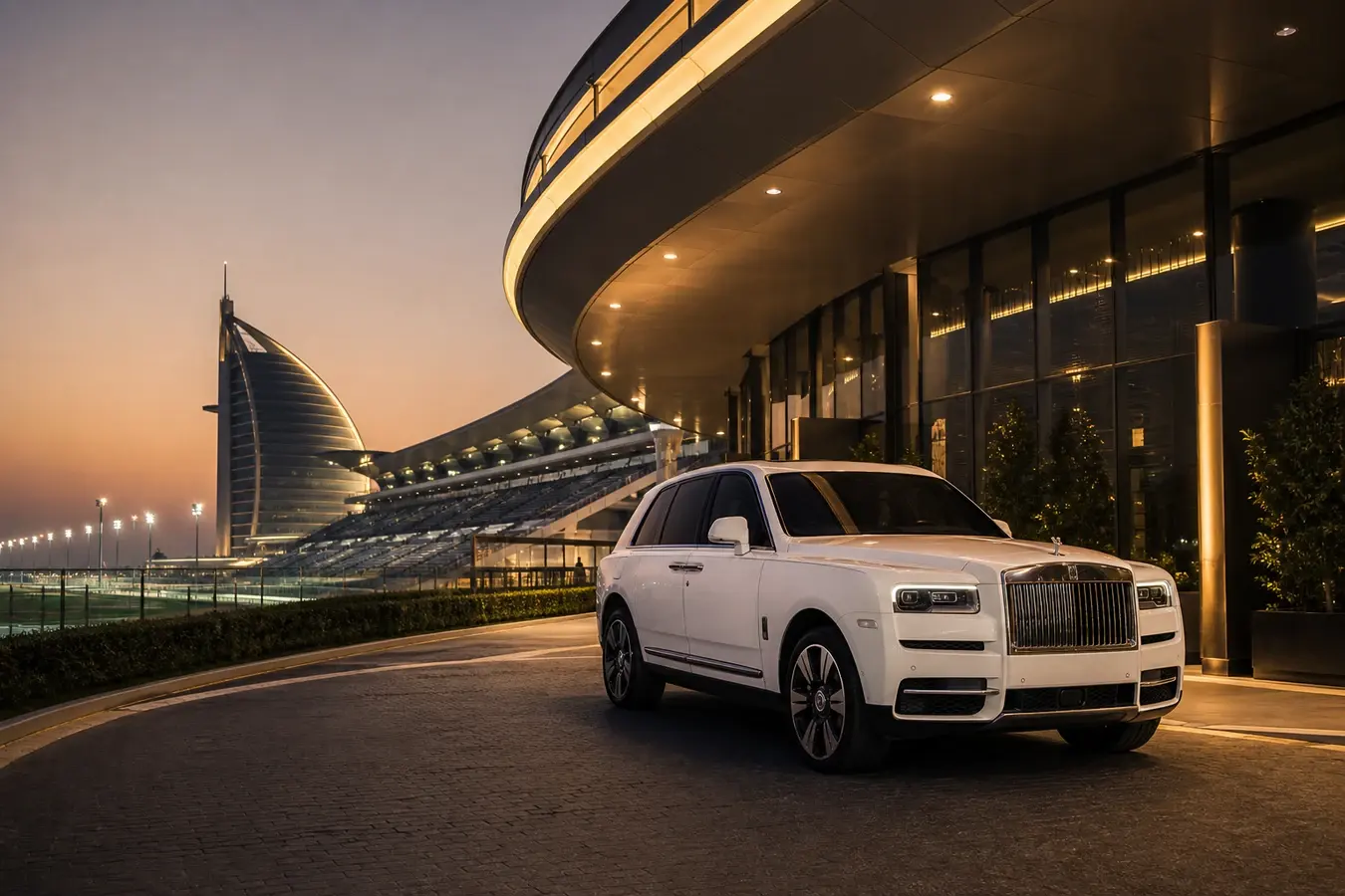 Luxury car rental Meydan Dubai hero with a Rolls-Royce Cullinan at The Meydan Hotel drop-off at dusk