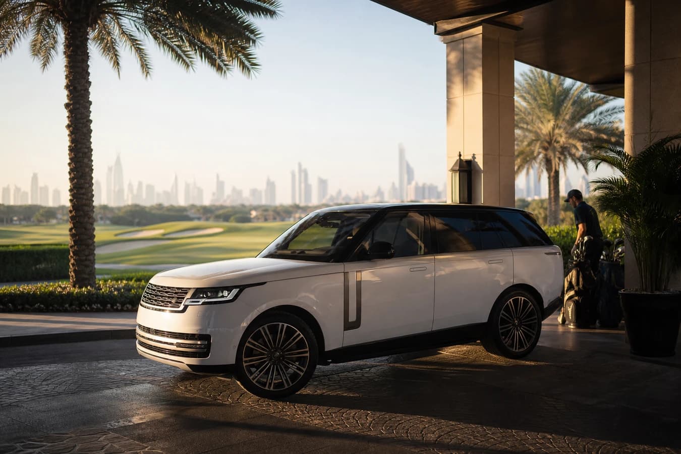 Best car Dubai golf club: white Range Rover at a Dubai golf club porte-cochère with fairway light beyond