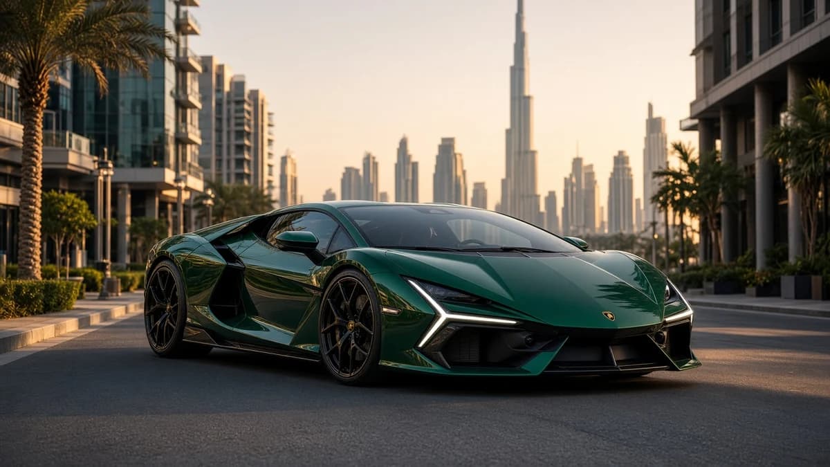 Lamborghini Revuelto on a Downtown Dubai street for exotic Lamborghini hire Dubai price bands