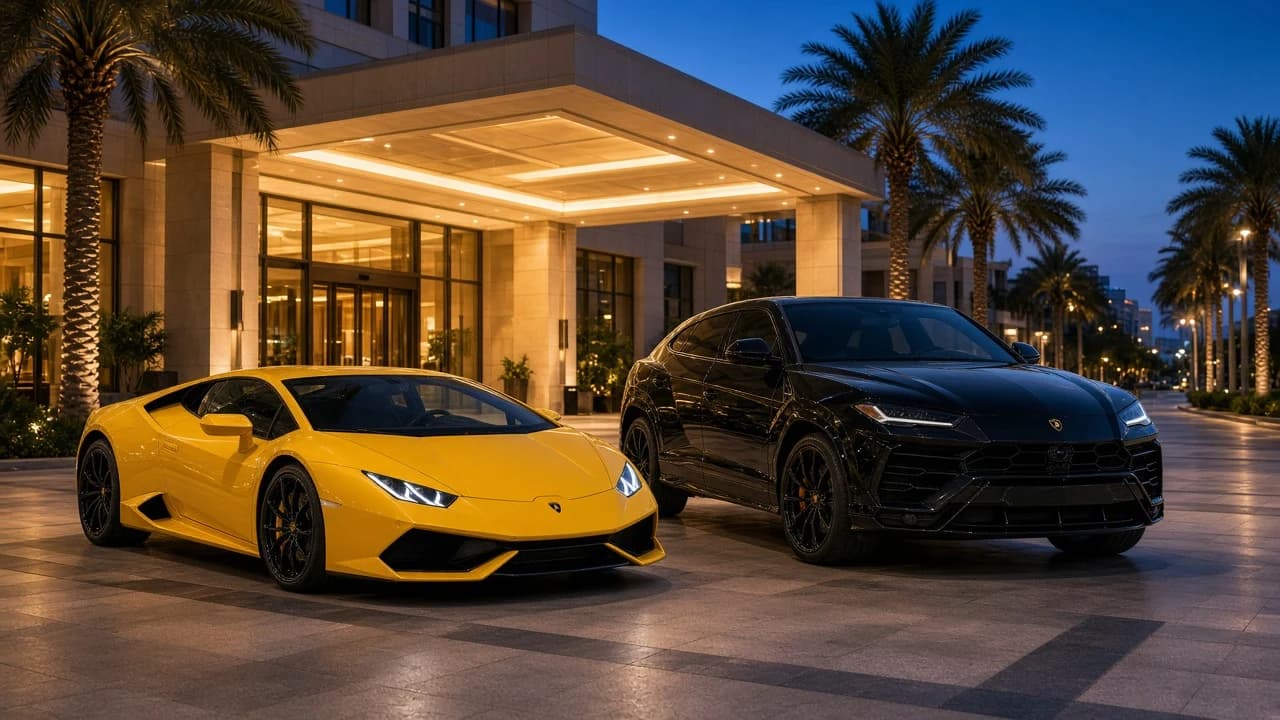 Best Lamborghini rental Dubai options: Huracan coupe and Urus SUV at a Dubai hotel entrance at blue hour