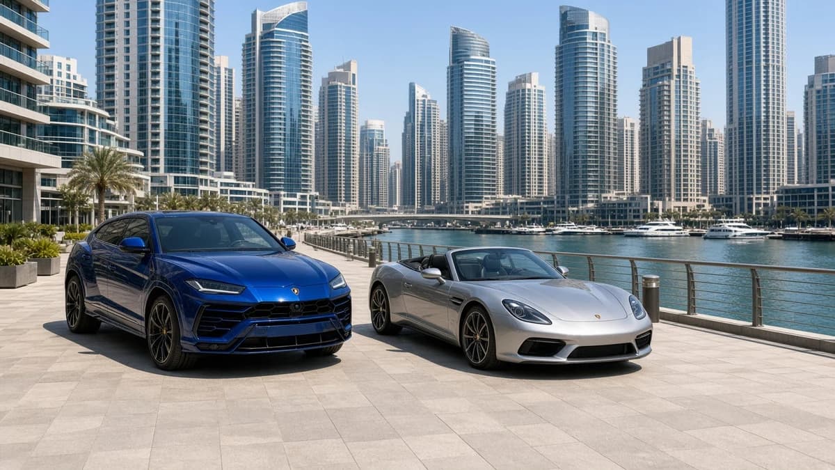 Luxury car hire Dubai shortlist with a Lamborghini Urus and convertible on the Dubai Marina waterfront