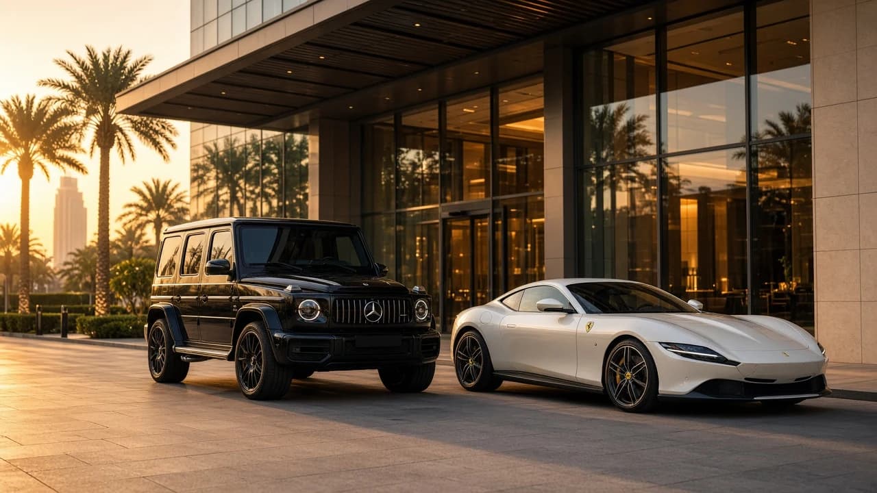 Best luxury car rental in Dubai: Mercedes-AMG G63 and Ferrari Roma at a Dubai hotel porte-cochère at golden hour