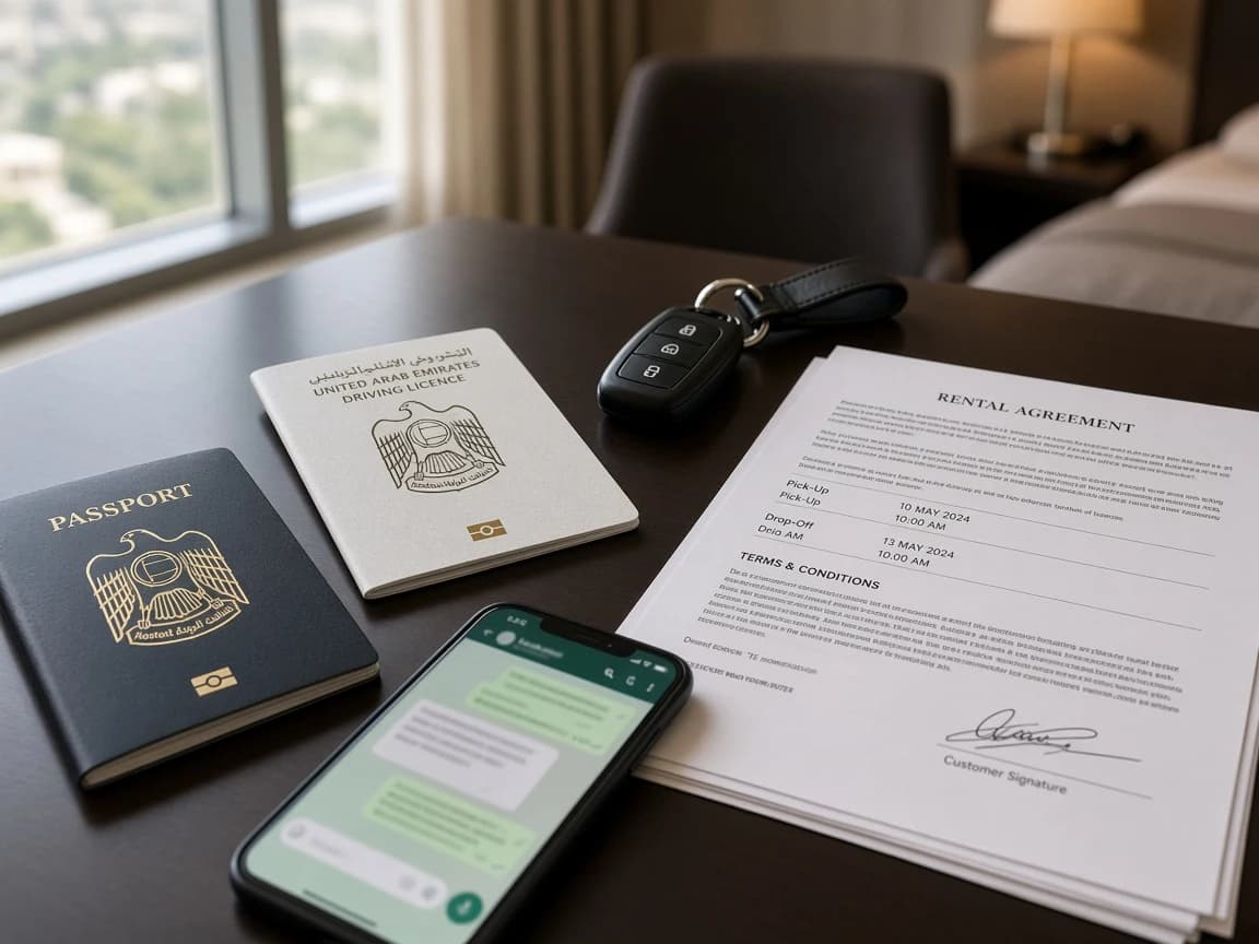 Documents and WhatsApp quote checklist for choosing the best luxury car rental Dubai operator