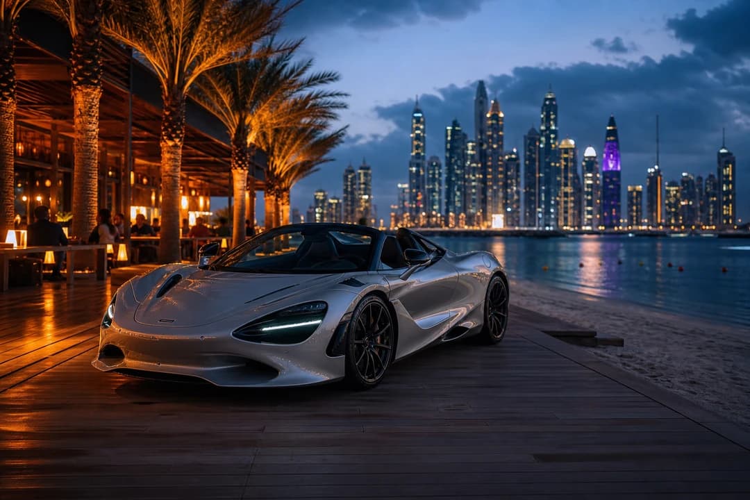 McLaren 750S Spider at blue hour near a Dubai Marina beach club boardwalk for luxury car rental Dubai evenings