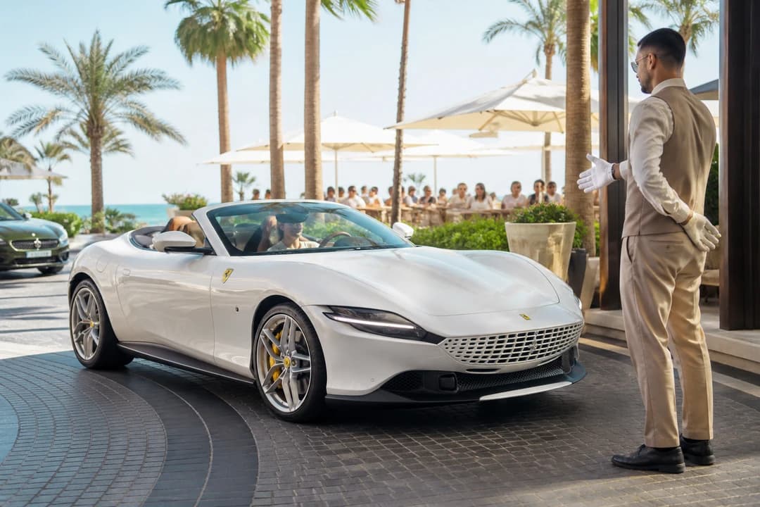 Ferrari Roma Spider at a Dubai brunch terrace valet for supercar rental Dubai weekend plans