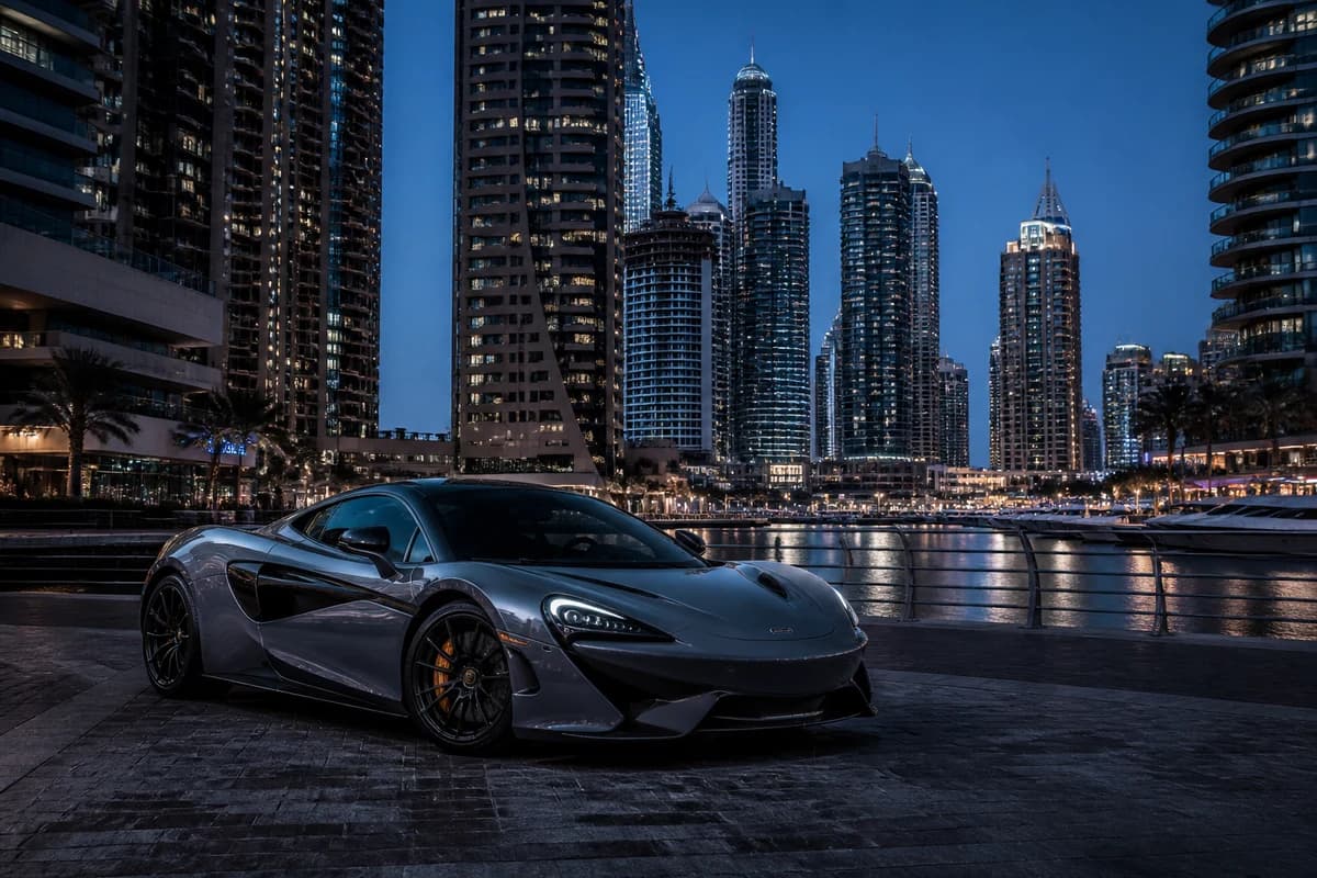 Evening Marina drive in a closed coupe for supercar rental Dubai after peak daytime heat