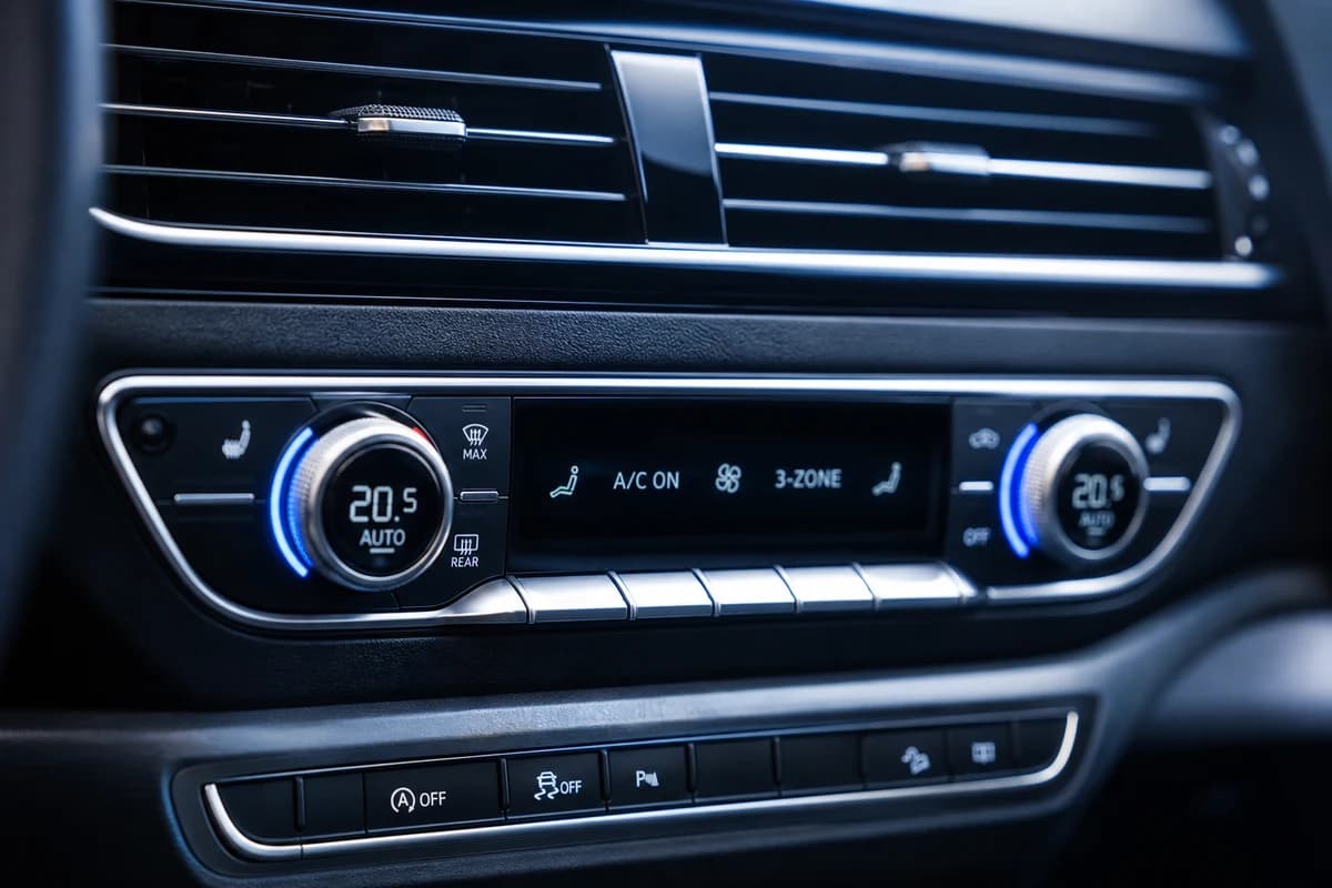 Climate-control panel and vent detail in a luxury cabin for best cars to rent Dubai in summer heat