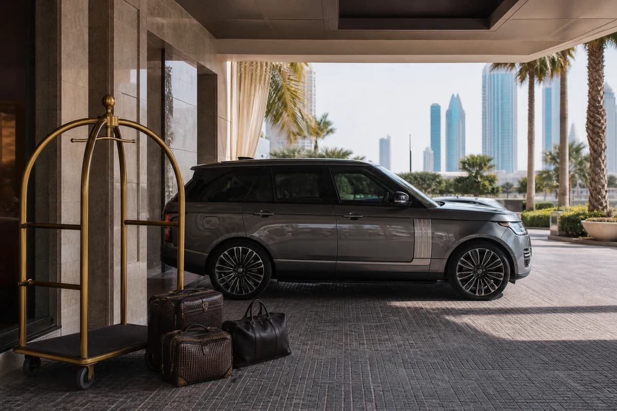 Dubai car hire summer timing: shaded hotel porte-cochere handover with soft bags and closed doors