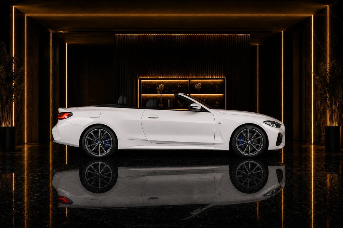 BMW 430i Convertible exterior side profile for rent BMW 430i convertible Dubai coastal drives