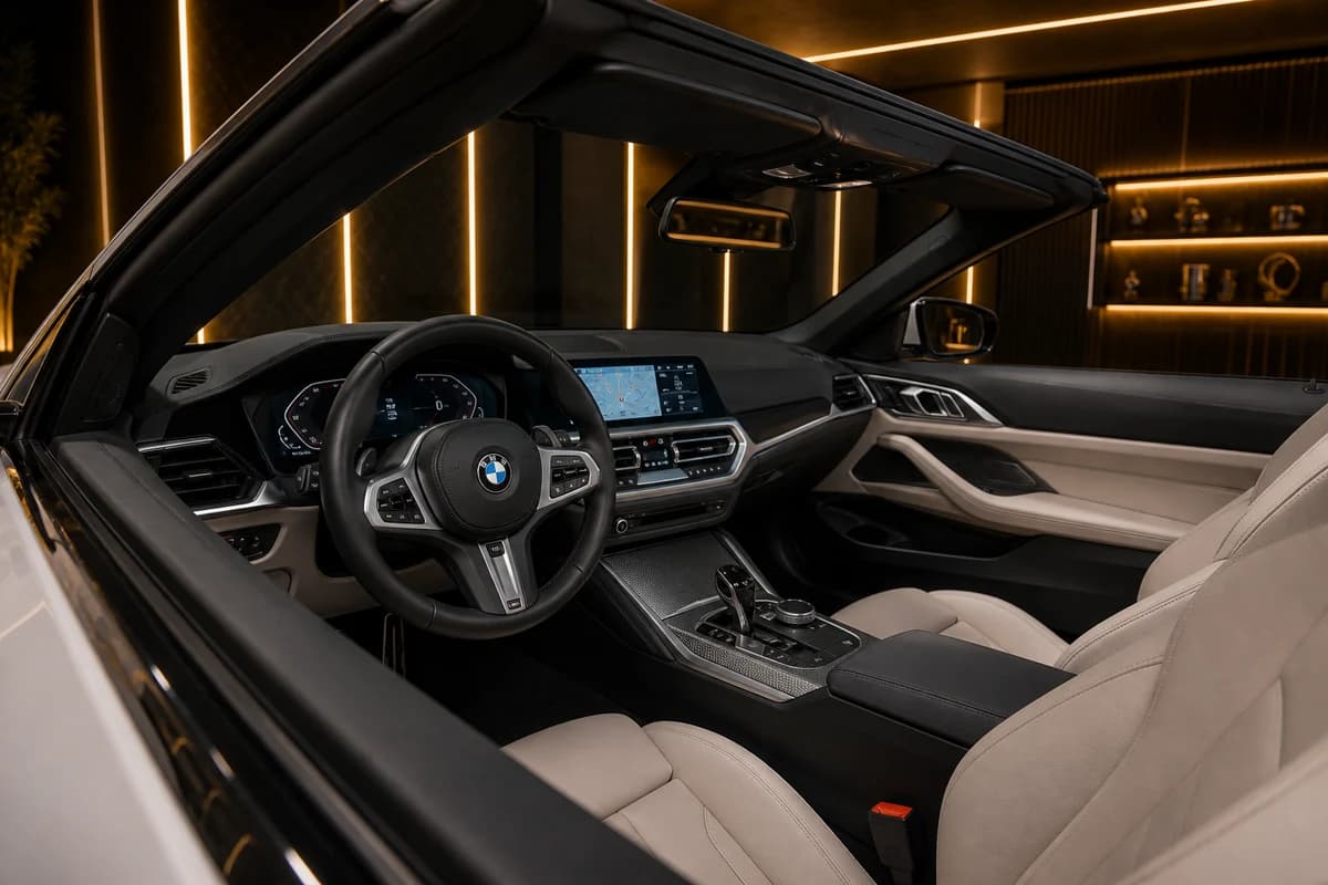 BMW 430i Convertible cockpit and digital displays for open-top BMW rental Dubai evenings