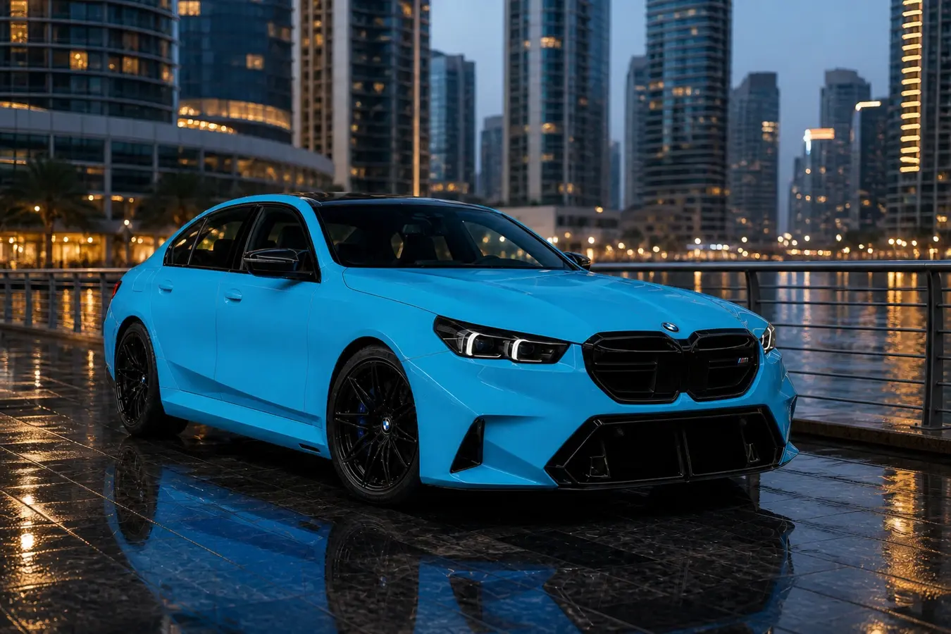 BMW luxury car rental Dubai hero with a blue BMW M5 beside the Business Bay canal at blue hour