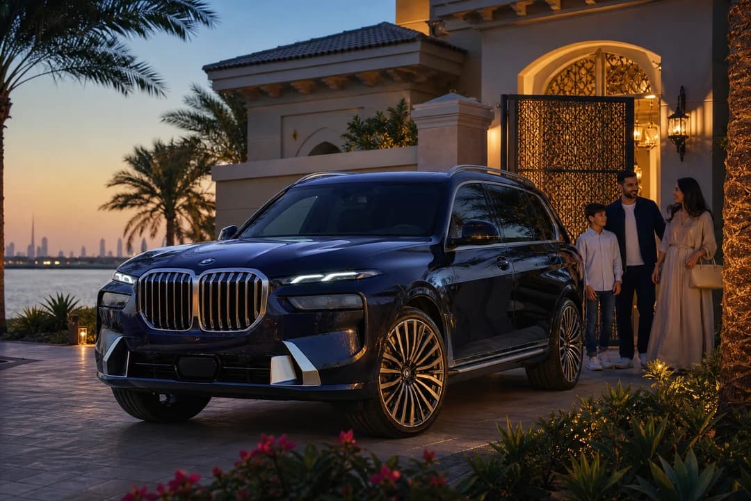 BMW X7 at a Palm Jumeirah villa driveway for BMW X7 rental Dubai family and group arrivals