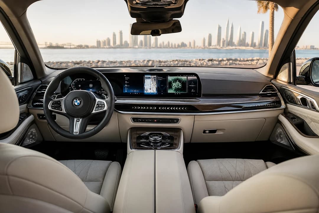 BMW X7 hire Dubai cabin with dual curved displays and premium seats for family-group luxury weeks