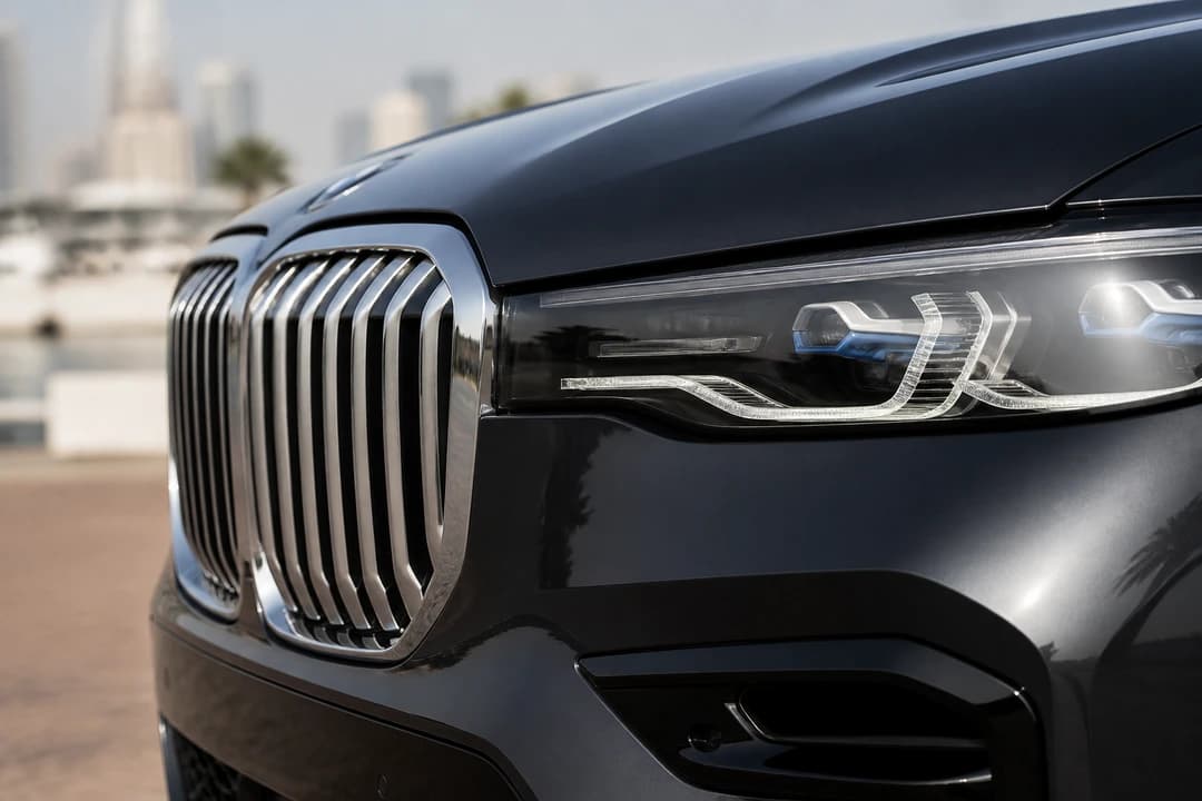 BMW X7 kidney grille and LED headlight detail for BMW X7 rental Dubai identity