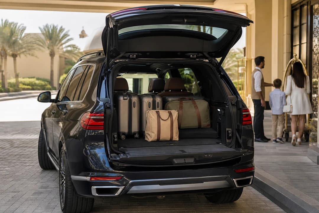 BMW X7 boot with soft roller bags at a Dubai hotel entrance for exotic car rental Dubai packing checks