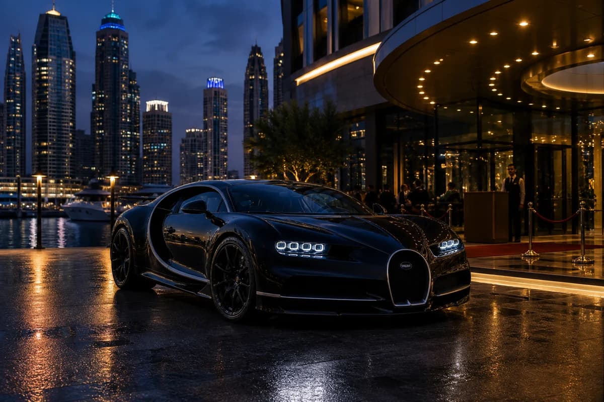 Bugatti Chiron at a Marina hotel forecourt for hypercar rental Dubai arrival theatre