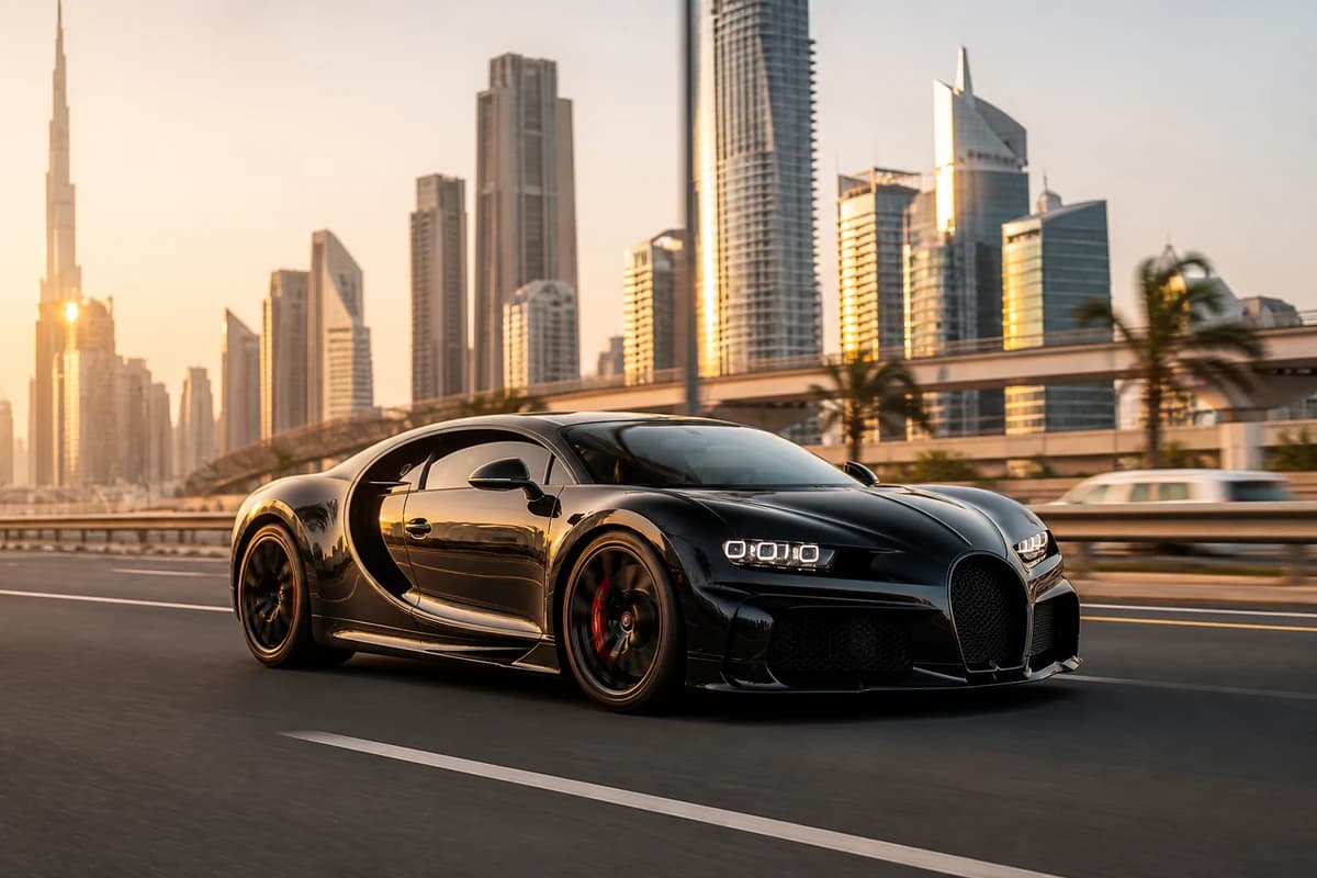 Bugatti Chiron exterior on Sheikh Zayed Road for rent Bugatti Chiron Dubai flagship self-drive plans