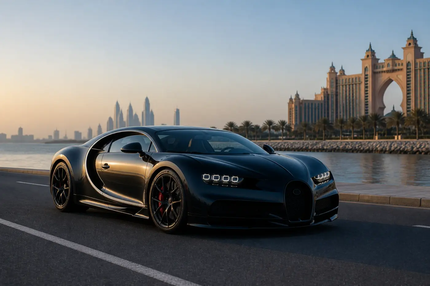 Bugatti Chiron rental Dubai guide hero at Palm Jumeirah crescent dawn with W16 hypercar silhouette