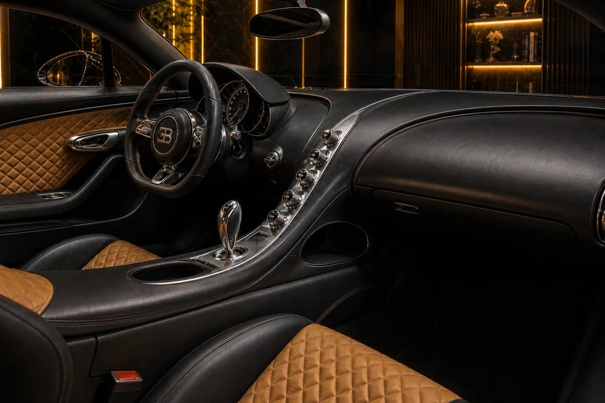 Bugatti Chiron hire Dubai cockpit with horseshoe console and quilted seats for two-seat hypercar days