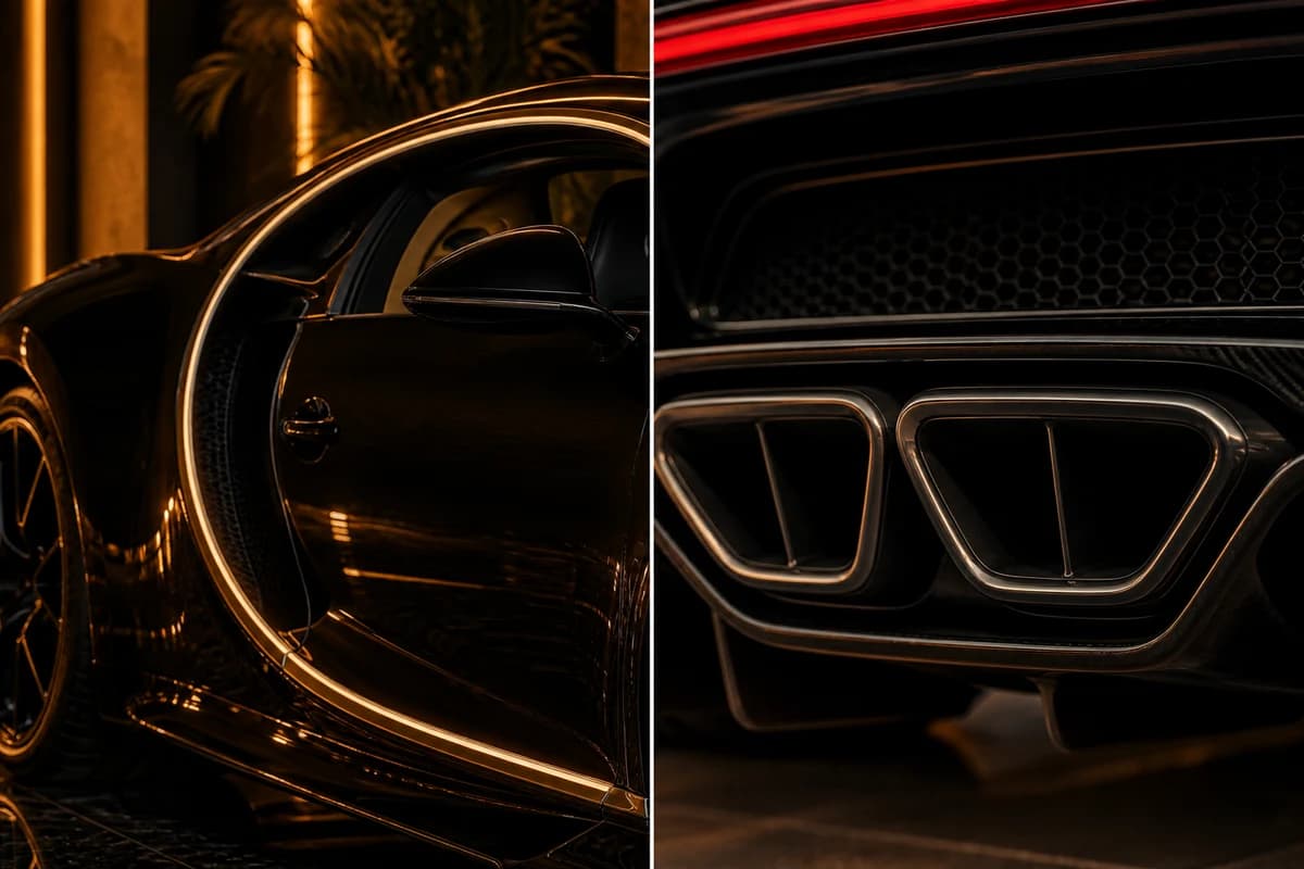 Bugatti Chiron C-shaped side line and quad-exhaust detail for W16 hypercar identity in Dubai