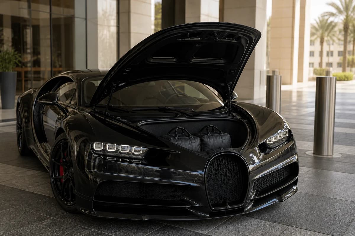 Bugatti Chiron front luggage bay with soft cabin bags for a short exotic car rental Dubai stay
