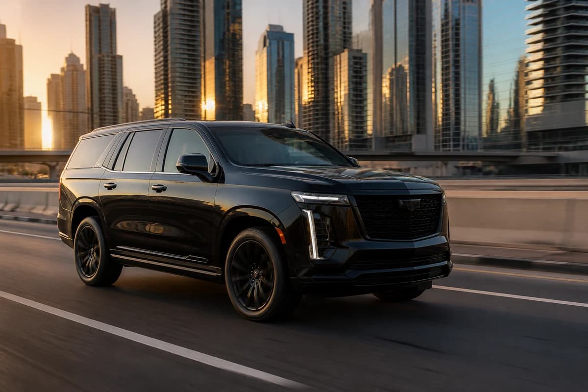 Cadillac Escalade exterior on Sheikh Zayed Road for rent Cadillac Escalade Dubai family and hotel weeks