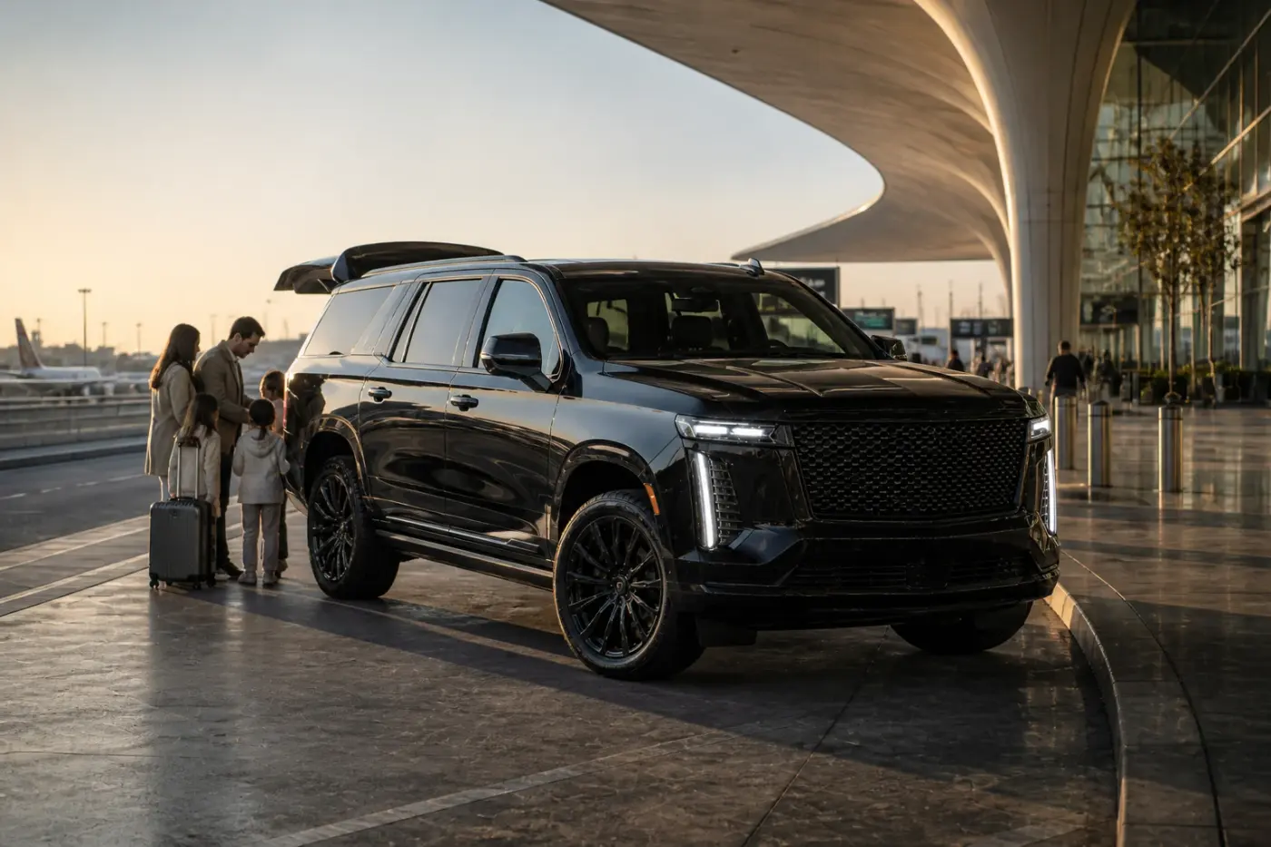 Cadillac Escalade rental Dubai guide hero at DXB terminal kerb with full-size family SUV presence