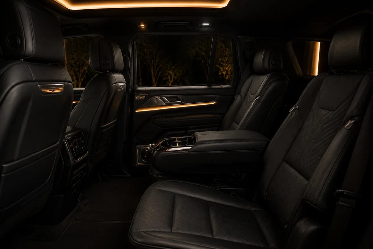 Cadillac Escalade hire Dubai rear cabin with three-row seating for family luxury SUV comfort